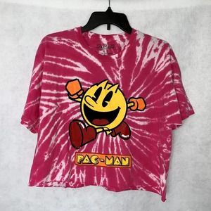 Pac-Man Crop Top Tie Dye T-Shirt Pink and White Juniors Size Large